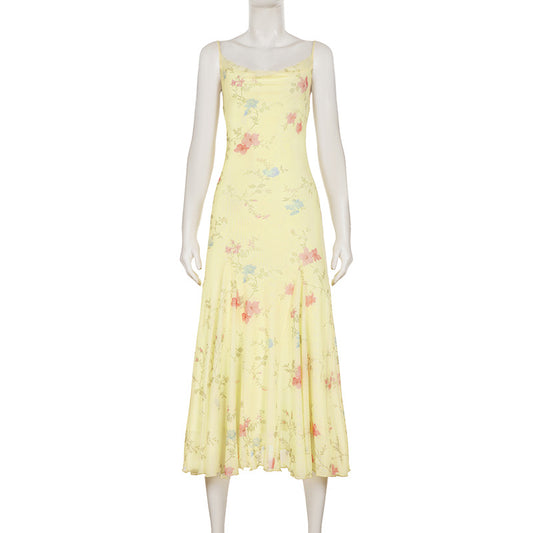 Romantic Style Small V-Neck Chiffon Floral Strap Dress – Slim Elegant Long Dress