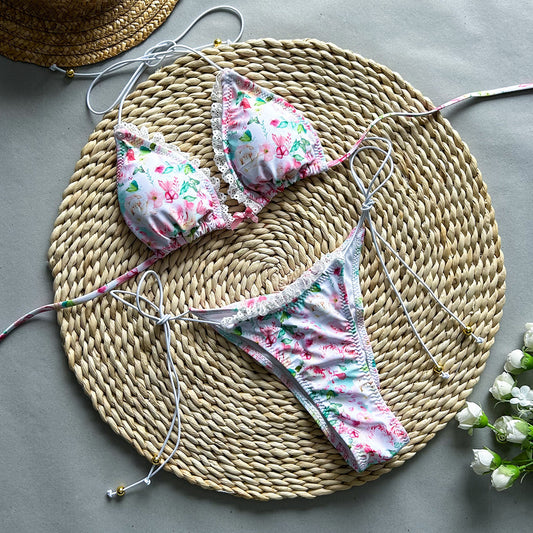 Women’s Lace-Up Print Split Bikin