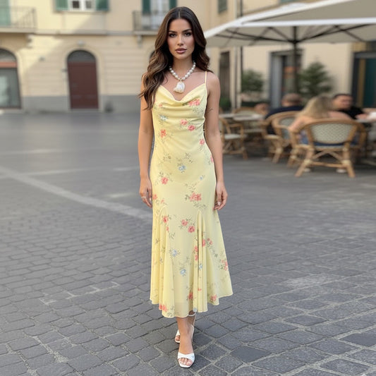 Romantic Style Small V-Neck Chiffon Floral Strap Dress – Slim Elegant Long Dress