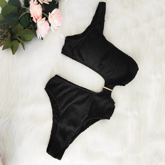 Solid Color One-Shoulder One-Piece Swimsuit